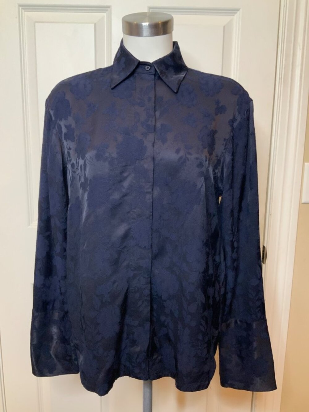 & Other Stories Navy Blue Floral Jacquard Button-Up Shirt, Size 0